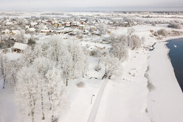 Frost on the trees on a snowy winter day. Skrunda, Latvia. Captured from above.