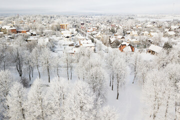 Frost on the trees on a snowy winter day. Skrunda, Latvia. Captured from above.