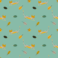 Naklejka na ściany i meble Vector seamless pattern with a tiger in tropical leaves and the inscription arrrr on a colored background in the Scandinavian style. Children's illustration for pajamas, posters, postcards, clothing