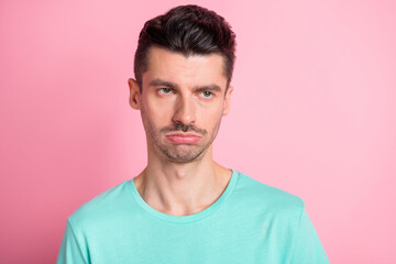 Obraz premium Photo of young unhappy upset sad exhausted tired sleepy man look copyspace isolated on pink color background