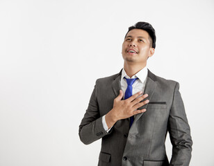businessman relax expression holding chest office work concept. isolated white background
