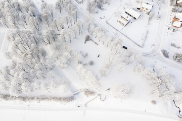 Frost on the trees on a snowy winter day. Skrunda, Latvia. Captured from above.