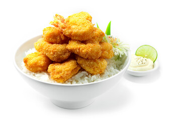 Deep Fried Shrimps ontop Rice recipe served mayonnaised dipping Sauce  Japanese food