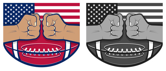 two strong hands of athletes clenched into fist on background of American football ball and American flag. Rivals in sports. Vector