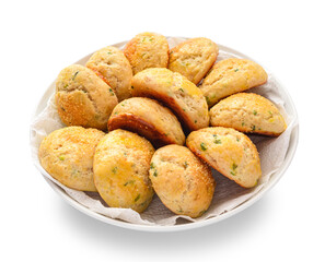 Steam buns with leeks and garlic, homemade pastries, freshly baked buns on a plate, isolated on a white background