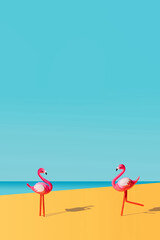 Two flamingo toys one standing and another running on nice sunny day with sunny shadows. Bright optimistic orange bottom and marina blue and light sky blue background. Creative copy space.