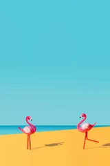 Fond de hotte en verre imprimé Coucher de soleil sur la plage Two flamingo toys one standing and another running on nice sunny day with sunny shadows. Bright optimistic orange bottom and marina blue and light sky blue background. Creative copy space.