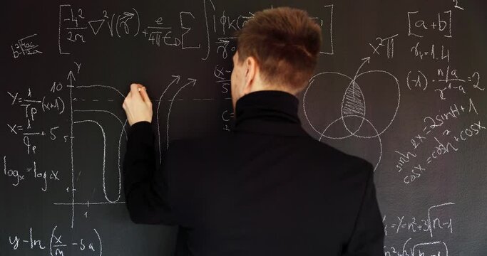 Teacher drawing mathematical formulas on black chalk board