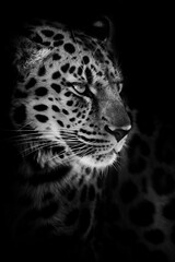 Naklejka na ściany i meble Black and white leopard half-turned from the darkness head and body dark background, night