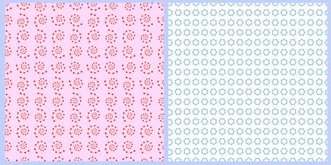 A set of seamless patterns made in pastel colors of pink and blue, geometric shapes of spirals, circles, pentagons. Digital art for flyers, posters, covers, textile printing, wrapping paper, clothing.