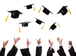 Group of graduates throwing hats against white background, closeup