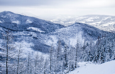 Fototapeta na wymiar Piękny zimowy widok na panoramę gór Tatry