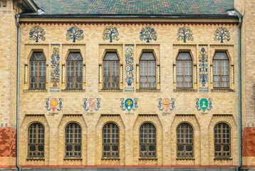 Poltava, Ukraine - April 14, 2021: Beautiful historical building in the Ukrainian Art Nouveau style. Museum of Local Lore in Poltava, Ukraine. Facade painted wall