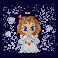 Cute little angel girl with a hairstyle, a halo and wings in white with hearts on blue background with a floral decorative pattern. Watercolor. Children's collection