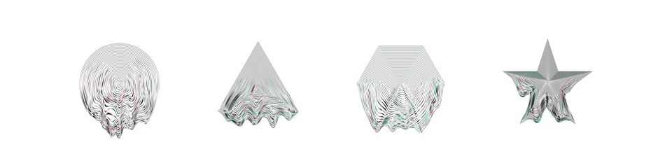 Retro glitch distorted shapes collection, futuristic cyber distortion effect on different shapes, element for vintage design.