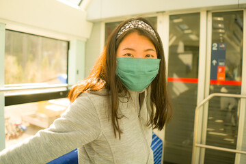  travel in times of covid19 - lifestyle portrait of young happy and cute Asian Korean woman in  face mask traveling on train looking at the camera