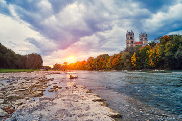Isar river, park and St Maximilian church from Reichenbach Bridge. Munchen, Bavaria, Germany. - obrazy, fototapety, plakaty