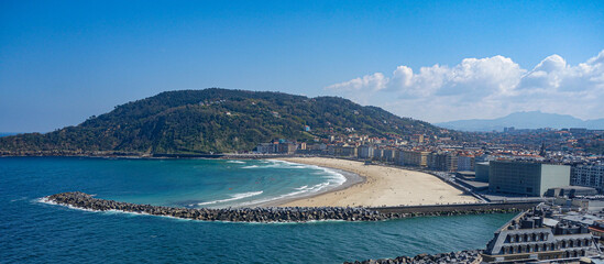 San Sebastian, Spain - April 2, 2021: Views of Gros and Zurriola beach from Monte Urgull in San...
