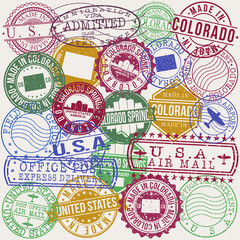 Colorado Springs Set of Stamps. Travel Stamp. Made In Product. Design Seals Old Style Insignia.