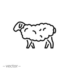 sheep or goat icon, fluffy lamb, woolly livestock, ewe pasture, thin line symbol on white background - editable stroke vector eps10