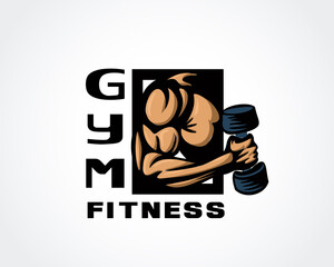 Hand muscle lifting dumbbell gym fitness logo template vector illustration