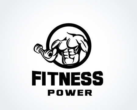 circle man athlete lifting dumbbell fitness gym logo design template vector illustration