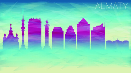 Almaty Kazakhstan City Skyline Vector Silhouette. Broken Glass Abstract Geometric Dynamic Textured. Banner Background. Colorful Shape Composition.