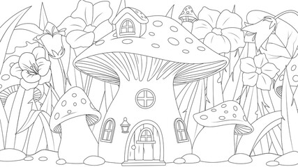 Vector graphics, mushroom house for a fairy, in a fairy glade with flowers, fantasy