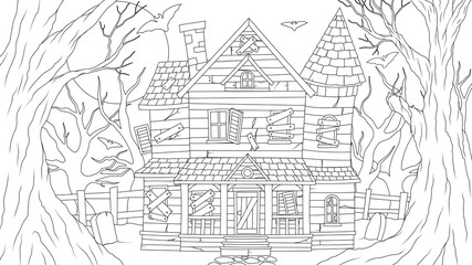 Vector illustration, old haunted house at full moon night - obrazy, fototapety, plakaty