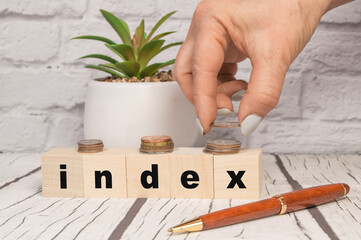 Index is a word written in wooden cubes. Office background with pen, coins, hand