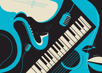 Banner template with saxophone and piano. Jazz concept art.