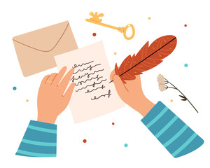 The person writes a letter with a bird's pen.Top view of envelope.Golden key and dried flowers in illustration in vintage style.