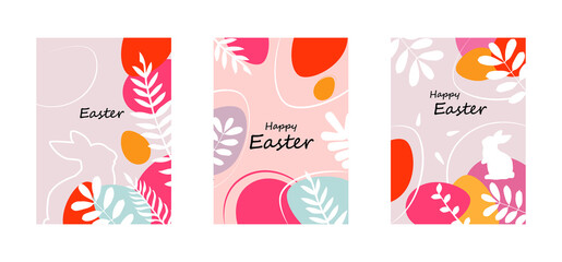 Holy Easter Sales banners, greeting cards, posters, holiday covers. Stylish design with typography, hand-painted plants, dots, eggs and bunny, pastel colors. Minimalist style of modern art.