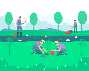 Gardeners and volunteers are cleaning the park. Trees are planted. The man removes the rubbish, sweeps the paths. Mows the grass with a lawn mower. Flat vector illustration.