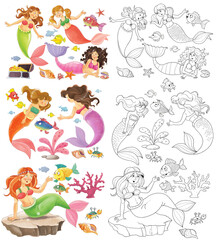 The little mermaid. Fairy tale. Coloring page. Illustration for children. Cute and funny cartoon characters