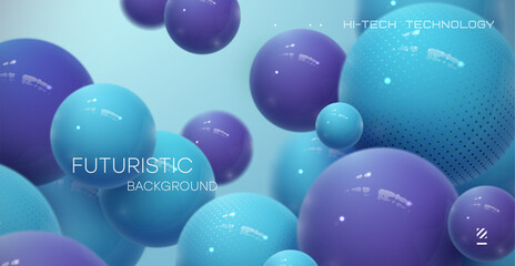 Realistic background with blue and purple balls and reflection effect. Geometric shapes of balls, on a blurred background.