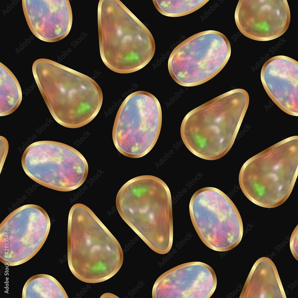 Poster gems in a gold setting on a black background. seamless vector pattern from emeralds and opals with g
