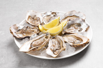 Delicious fresh oysters with lemon slices on light grey table