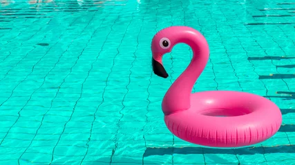 Fototapeten Beach flamingo. Pink inflatable flamingo in pool water for summer beach background. Trendy summer concept. © Maksym