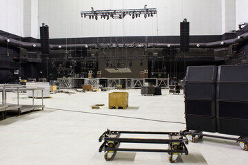 Installation of professional sound, light, video and stage equipment for a concert. Stage lighting....