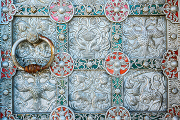 Metallic door, entrance to the church. Kremlin in Astrakhan, Russia.