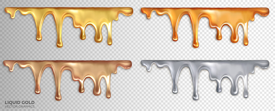 A set of liquid sticky gold, rose gold, silver and bronze. Drops of precious metals. Realistic 3d vector design