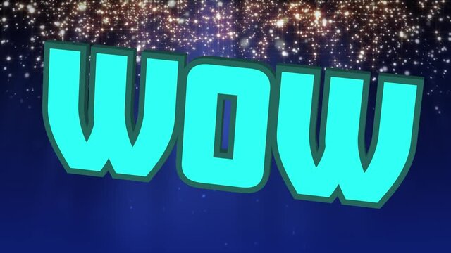 Digital animation of neon wow text floating against glowing spots of light on blue background