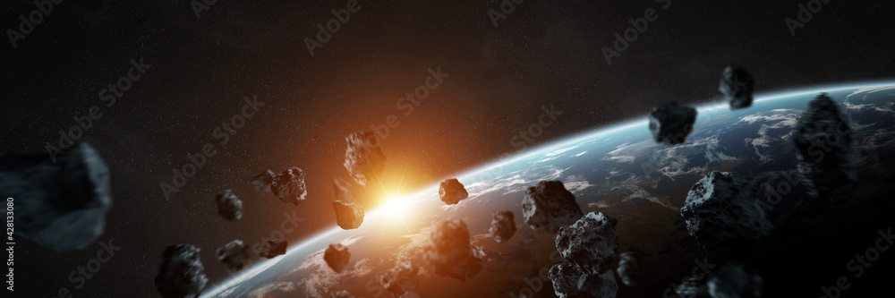 Poster panoramic space planets background. panorama of distant solar system with exoplanets 3d rendering el