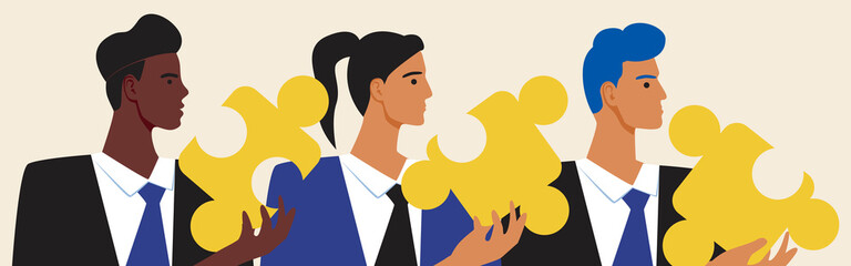Multicultural, People in Jigsaw Puzzle, Flat Vector Stock Illustration with Afro Businessman and European Businesswoman as Success Concept