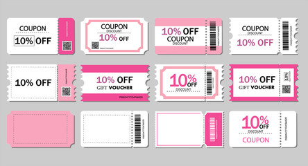 Set of coupon ,ticket card,gift vouchers.Coupon Card element template for graphics design.Gift vouchers or certificates of promotion sale 10 percent discount.Vector templates.
