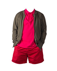 men's bomber jacket,  shirt and sports shorts isolated on white background.