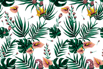 Seamless pattern of gouache-painted leaves of Hawaiian herbs and trees. Trending botanical background with tropical plants