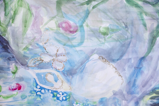 Beautiful ballerina with flowers in haze. Fictional watercolor artwork. Mythical sylph and undine. Flower petals in fog. Brush strokes textured ripple water vague surface. Imaginary serenity concept.