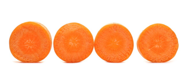 Chopped round carrot slices row isolated on white background
